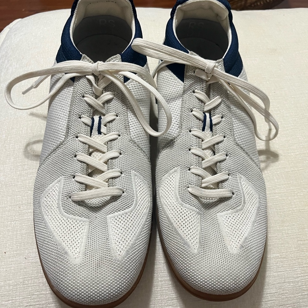 Rothy's Cream and Navy Sneakers with Tan Soles